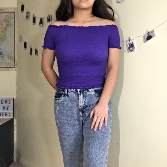 purple smocked off-shoulder crop top - Picture 1 of 4